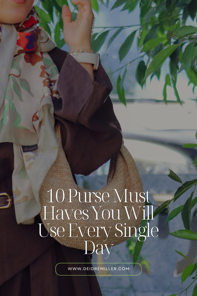 Flat lay of 10 purse must-haves including wallet, lip balm, power bank, keys, and hand cream on a neutral background