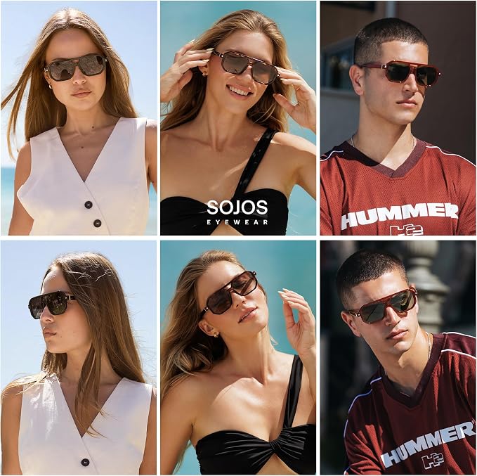 Men and Woman wearing Square Aviator Sunglasses Tortoise Blue Grading Lens Sojos sunglasses with collage