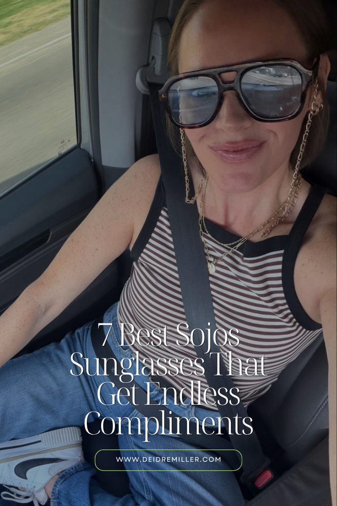 Woman wearing stylish Sojos sunglasses outdoors with a collage of her top seven favorite frames